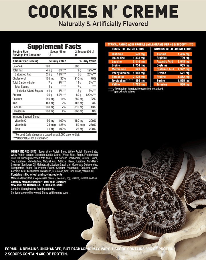 Super Advanced Whey, Premium Protein Powder, Cookies N' Cream Naturally Flavored with other natural flavors; Nutritional Facts Panel; Formula remains unchanged, but packaging may vary. 1 scoop contained 30G of protein. 2 scoops contain 60G of protein. 