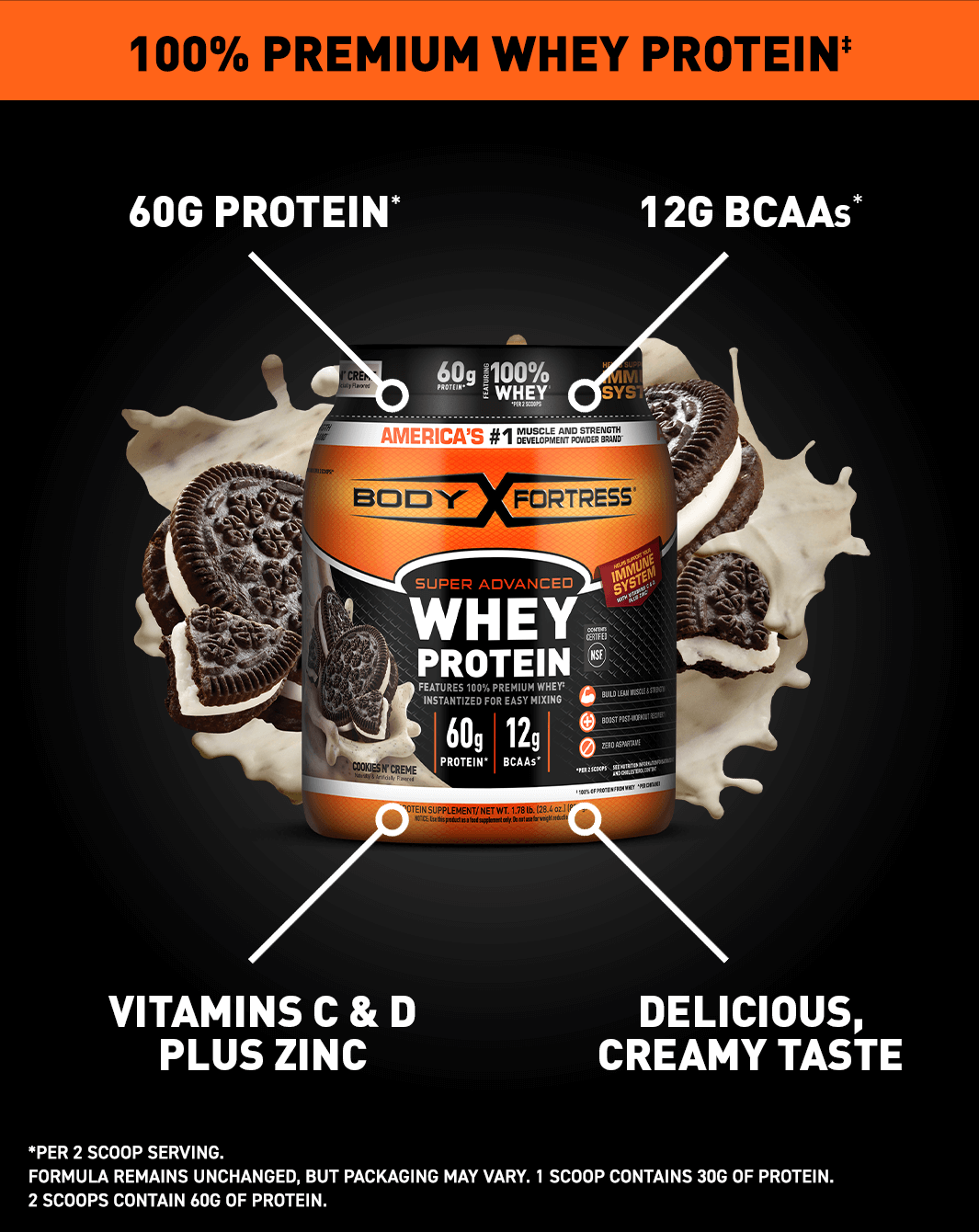Super Advanced Whey, Premium Protein Powder, Cookies N' Cream;100% Premium Whey Protein; 60G Protein*; 12G BCAAs*; Vitamins C & D Plus Zinc; Delicious, Creamy taste. * Per 2 scoop serving. Formula remains unchanged, but packaging may vary. 1 scoop contains 30G of protein. 2 scoops contain 60G of protein. 