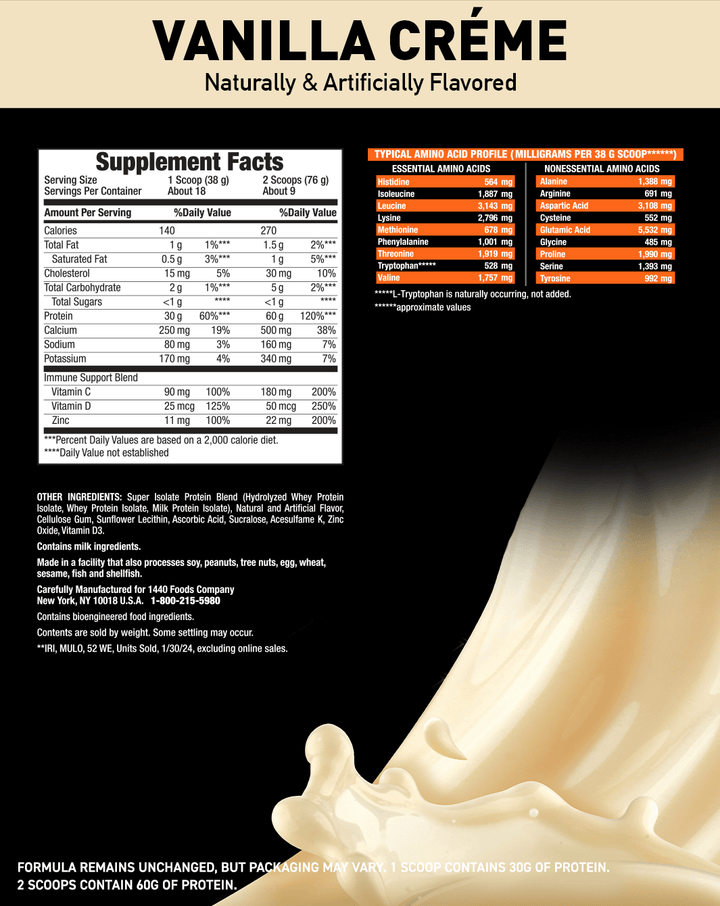 Super Advanced Isolate Protein Powder, Vanilla Naturally Flavored with other natural flavors; Nutritional Facts Panel; Formula remains unchanged, but packaging may vary. 1 scoop contained 30G of protein. 2 scoops contain 60G of protein. 