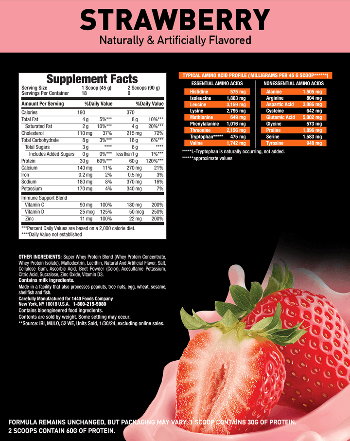 Super Advanced Whey, Premium Protein Powder, Strawberry Naturally Flavored with other natural flavors; Nutritional Facts Panel; Formula remains unchanged, but packaging may vary. 1 scoop contained 30G of protein. 2 scoops contain 60G of protein. 