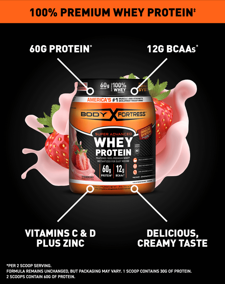 Super Advanced Whey, Premium Protein Powder, Strawberry 100% Premium Whey Protein; 60G Protein*; 12G BCAAs*; Vitamins C & D Plus Zinc; Delicious, Creamy taste. * Per 2 scoop serving. Formula remains unchanged, but packaging may vary. 1 scoop contains 30G of protein. 2 scoops contain 60G of protein. 