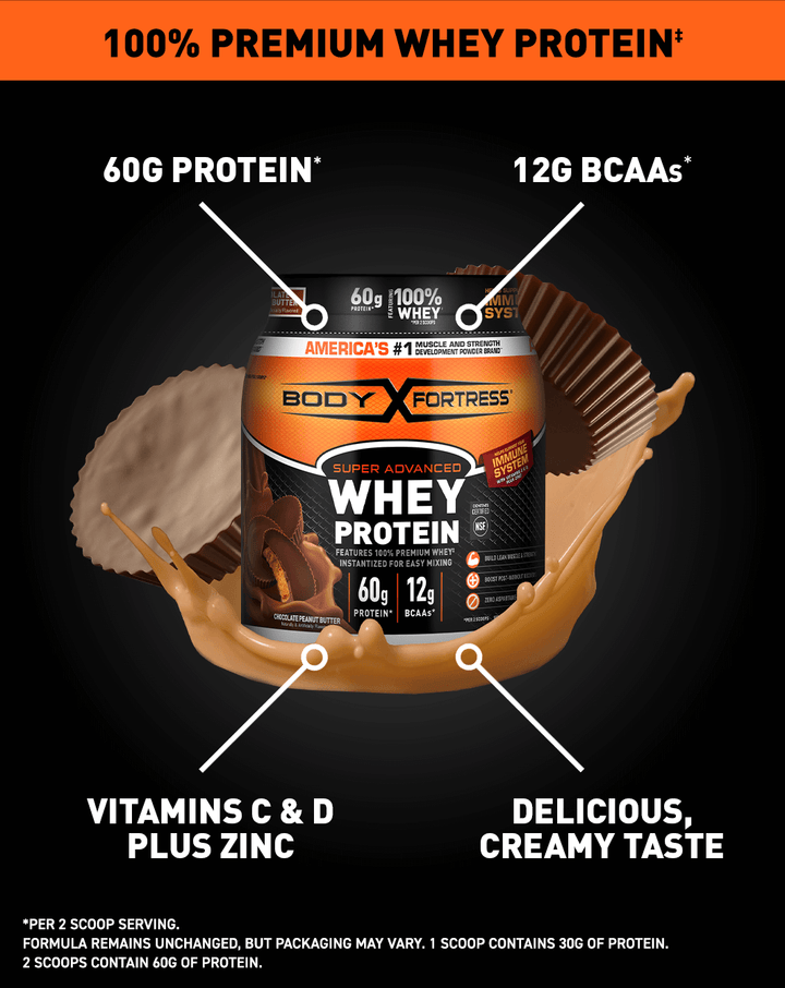 Super Advanced Whey, Premium Protein Powder, Chocolate Peanut Butter; 100% Premium Whey Protein; 60G Protein*; 12G BCAAs*; Vitamins C & D Plus Zinc; Delicious, Creamy taste. * Per 2 scoop serving. Formula remains unchanged, but packaging may vary. 1 scoop contains 30G of protein. 2 scoops contain 60G of protein. 